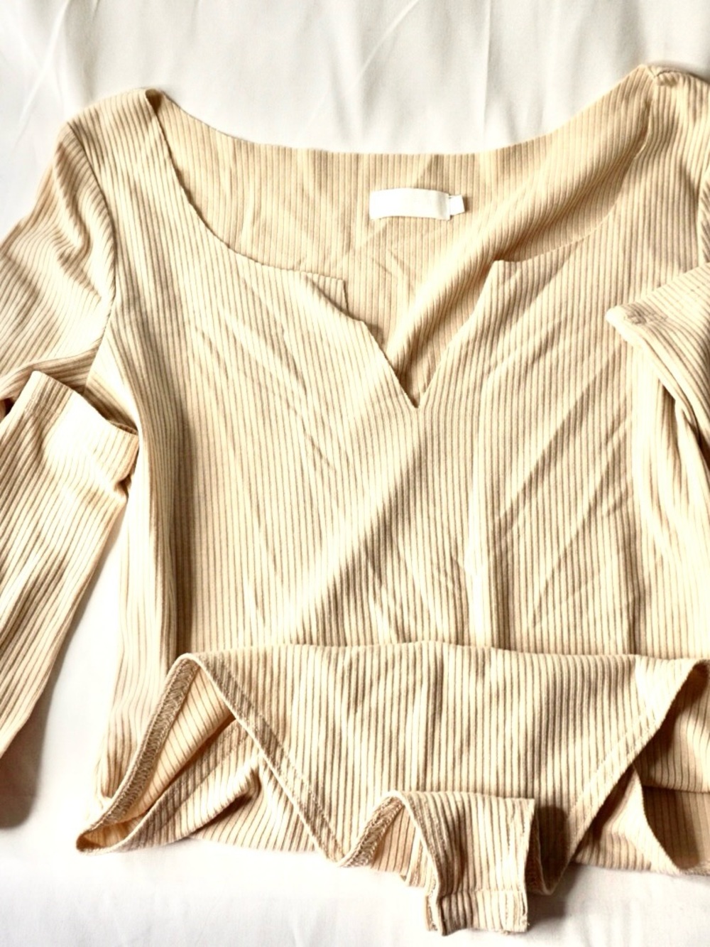 Ribbed V-Neck Long Sleeve Bodysuit in Cream